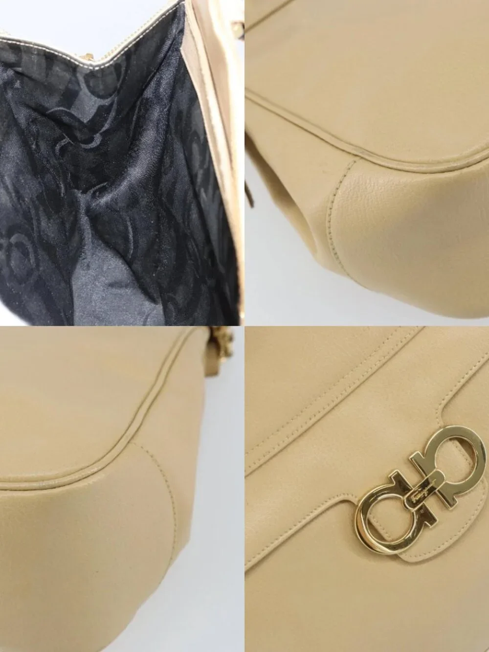 Salvatore Ferragamo Gancini Shoulder Bag Leather Beige Gold Auth 161430
